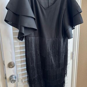 Chic Black Layered Fringe Midi Dress